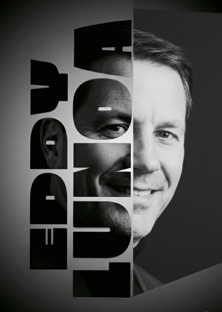 Black and white portrait of author, architect Eddy LuNoa, looking professional and contemplative, partly seen through the letters Eddy LuNoa.