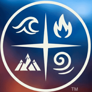 A circular logo with four elemental symbols for water, fire, earth, and air on a blue and red background. The Origin Emblem — Phase I Where the Elementals FoN awaken.